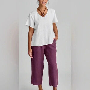 FLAX Women’s White 100% Linen Scoop Neck Pullover Top Tunic Large